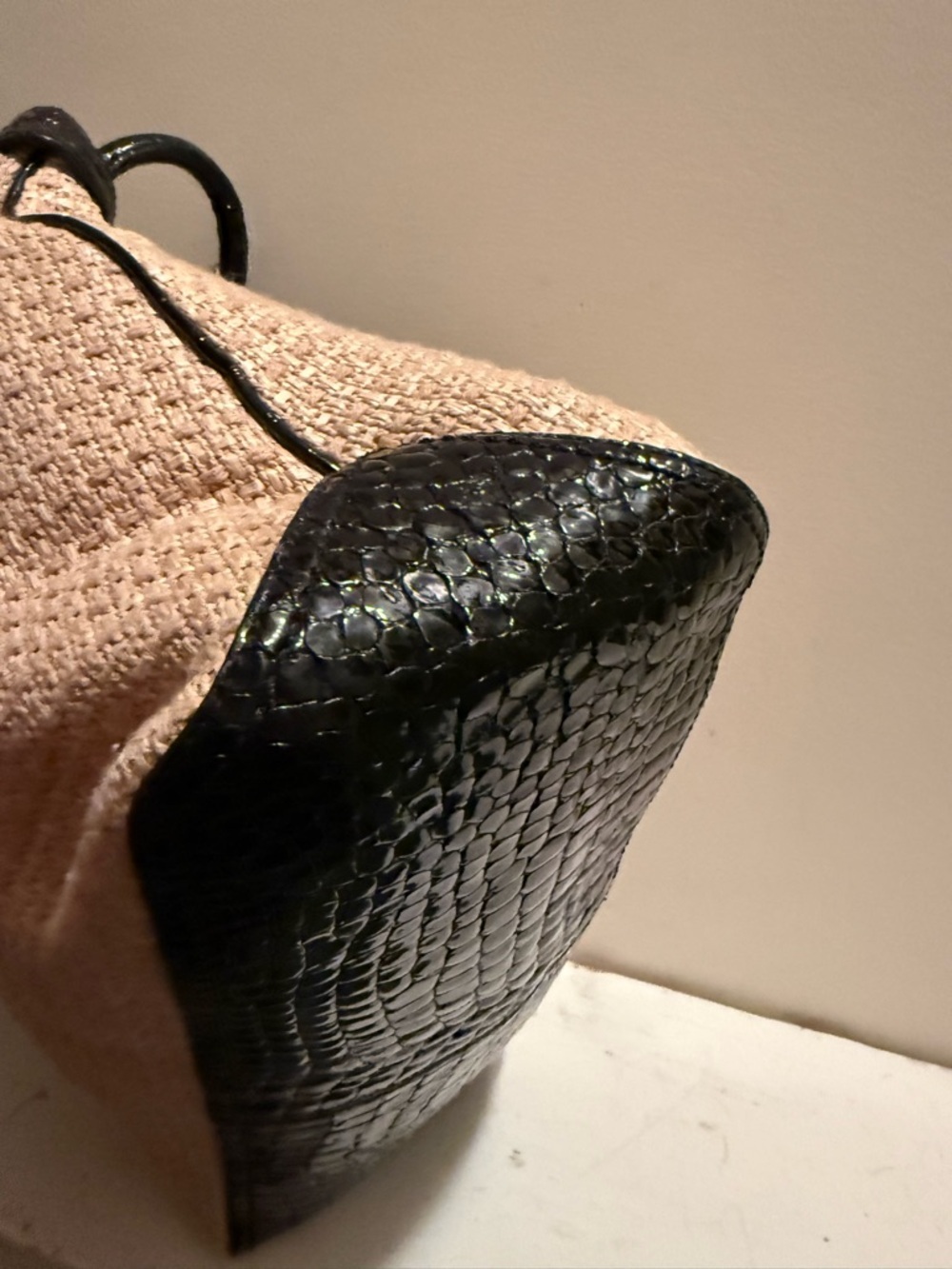 Cole Haan Beige Woven Tote with Black Faux-Croc Trim EUC - Picture 5 of 10